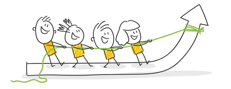 Vier gezeichnete Personen ziehen gemeinsam an einem Seil - dadurch geht die Pfeilspitze nach oben