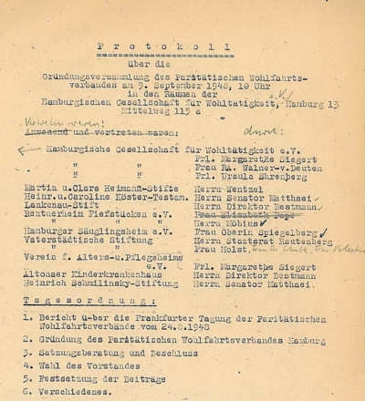 Erste Seite des Protokolls zur Wiedergründung mit Auflistung der Teilnehmer*innen