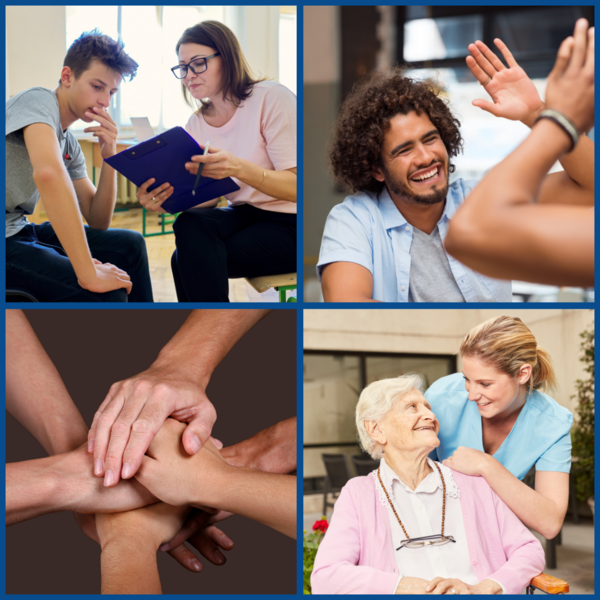 Eine Collage aus vier Bildern, die jeweils zwei einander zugewandte Menschen zeigen oder den Handschlag mehrerer Menschen